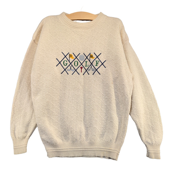 Knights Bridge Men's Spell Out Golf Sweater Cream Medium Embroidered Pullover - Picture 1 of 14